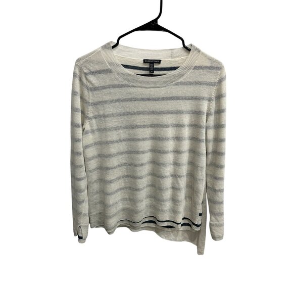 Eileen Fisher Striped Long Sleeve Top Cream Blue Sz Small Layered Linen Blend - Picture 1 of 11